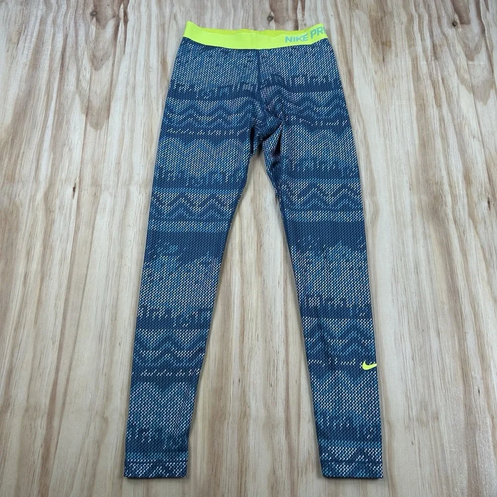 Nike Pro Women's Medium Blue Pattern Athletic Pants 744843-499 Dri-FIT Training